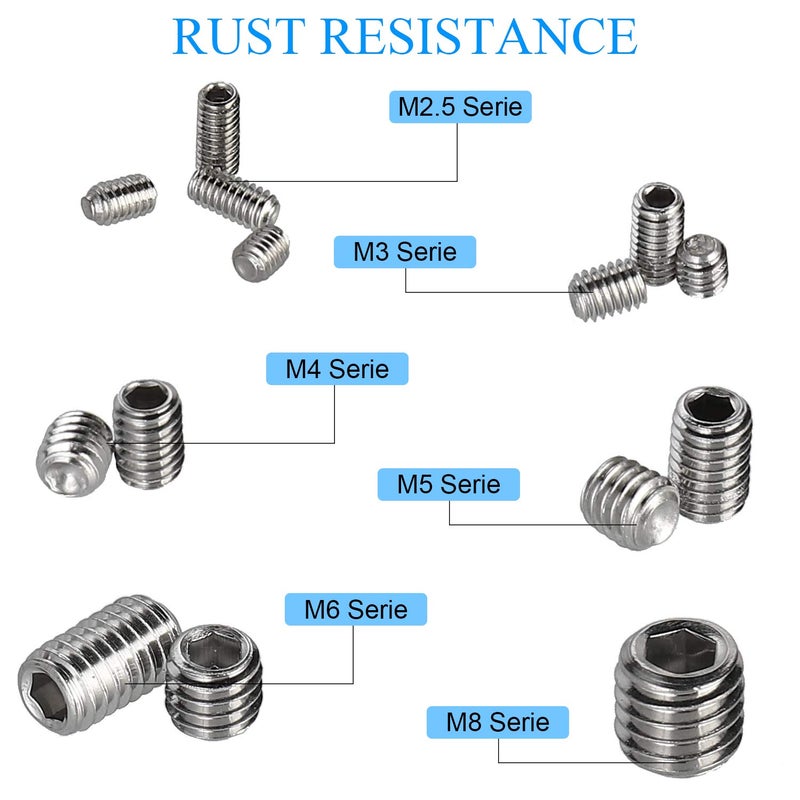 HanTof 340Pcs M2.5, M3, M4, M5, M6, M8 Metric Hex Socket Head Cup Point Set Screws, Allen Head Grub Screw, Internal Hex Drive Headless Set Screw Assortment Kit with 6 Hex Wrenches, 304 Stainless Steel - Image 5